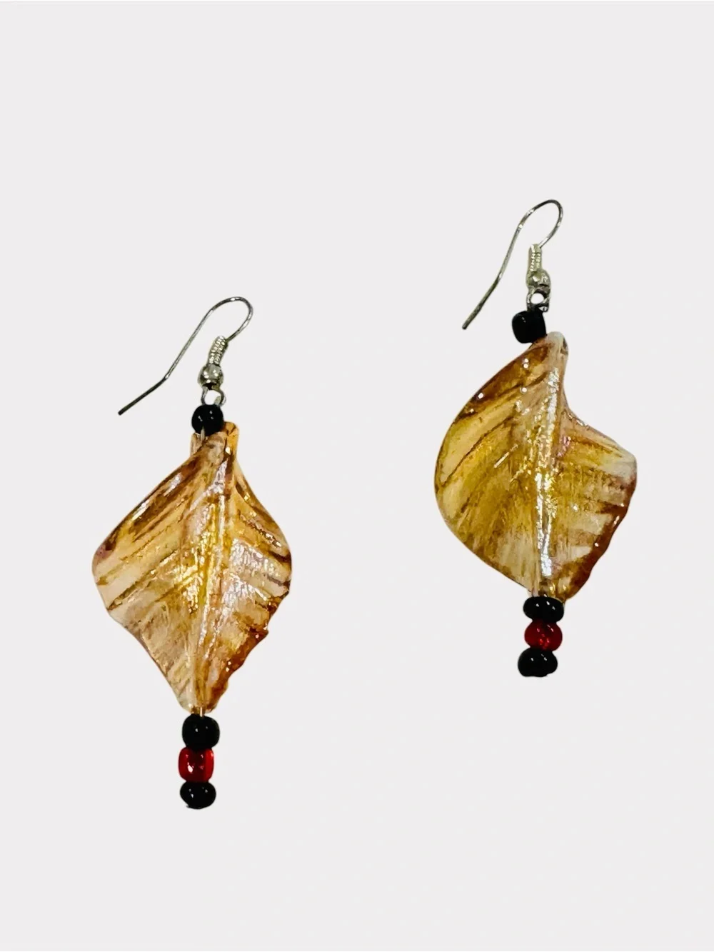 Handcrafted Amber Leaf Glass Dangle Earrings Black Red Bead Artisan Boho